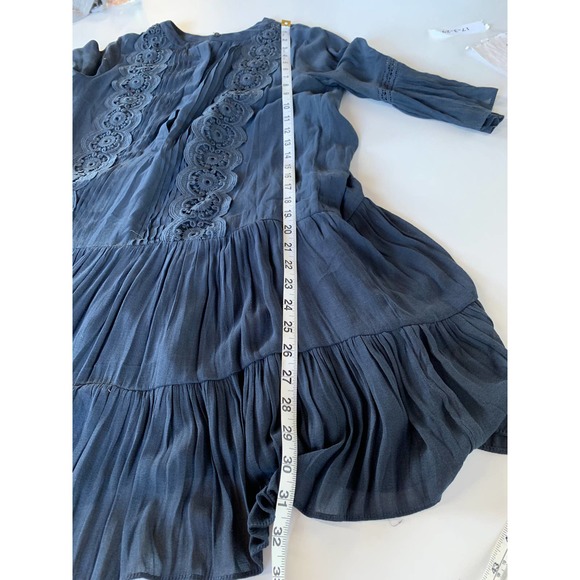 LOFT Dress Womens 6 Navy Blue Pleated Tiered Hidden Button Front 3/4 Sleeve - Picture 6 of 7